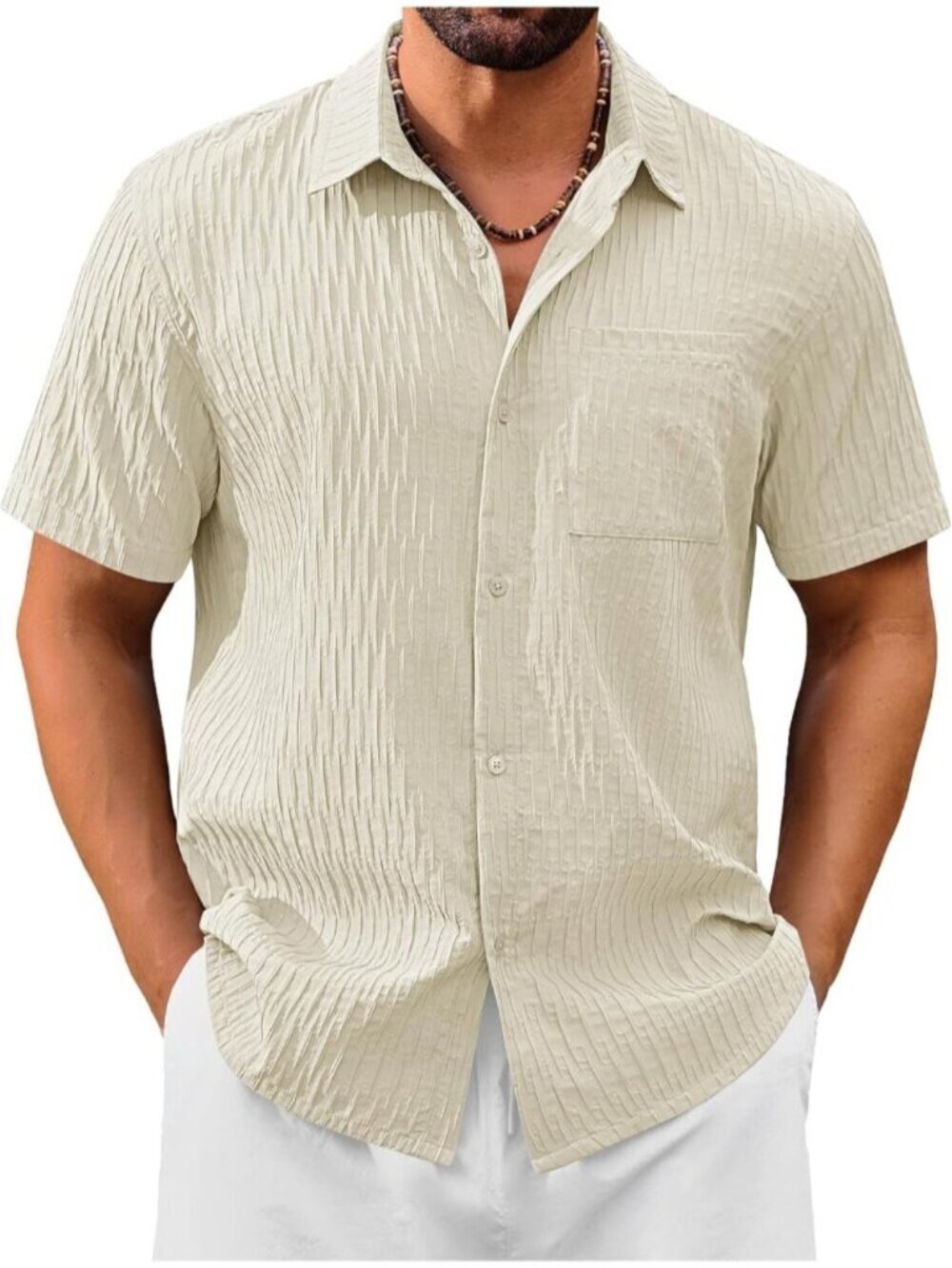 Men's Light Apricot Short Sleeve Casual Textured Polyester Button Down Shirts